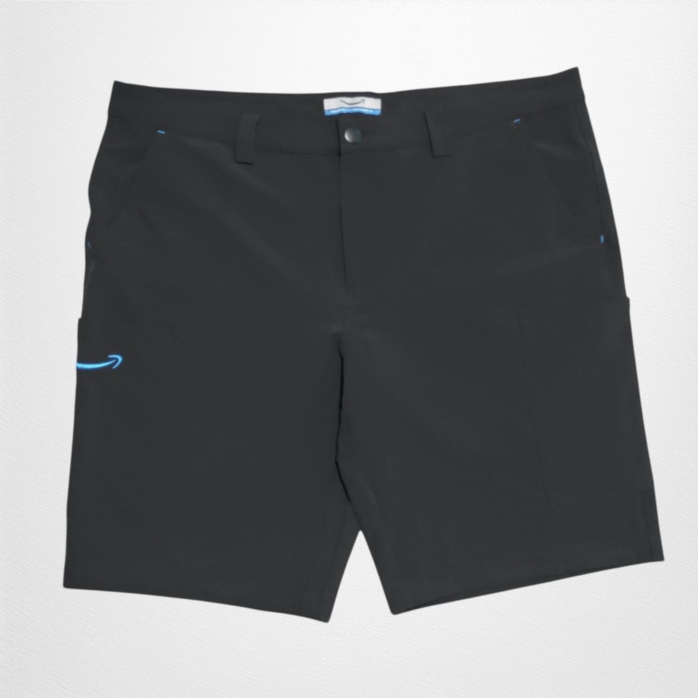Amazon Luly Yang Delivery Cargo Shorts Mens XL (40) Stretch Black Blue Logo NWOT